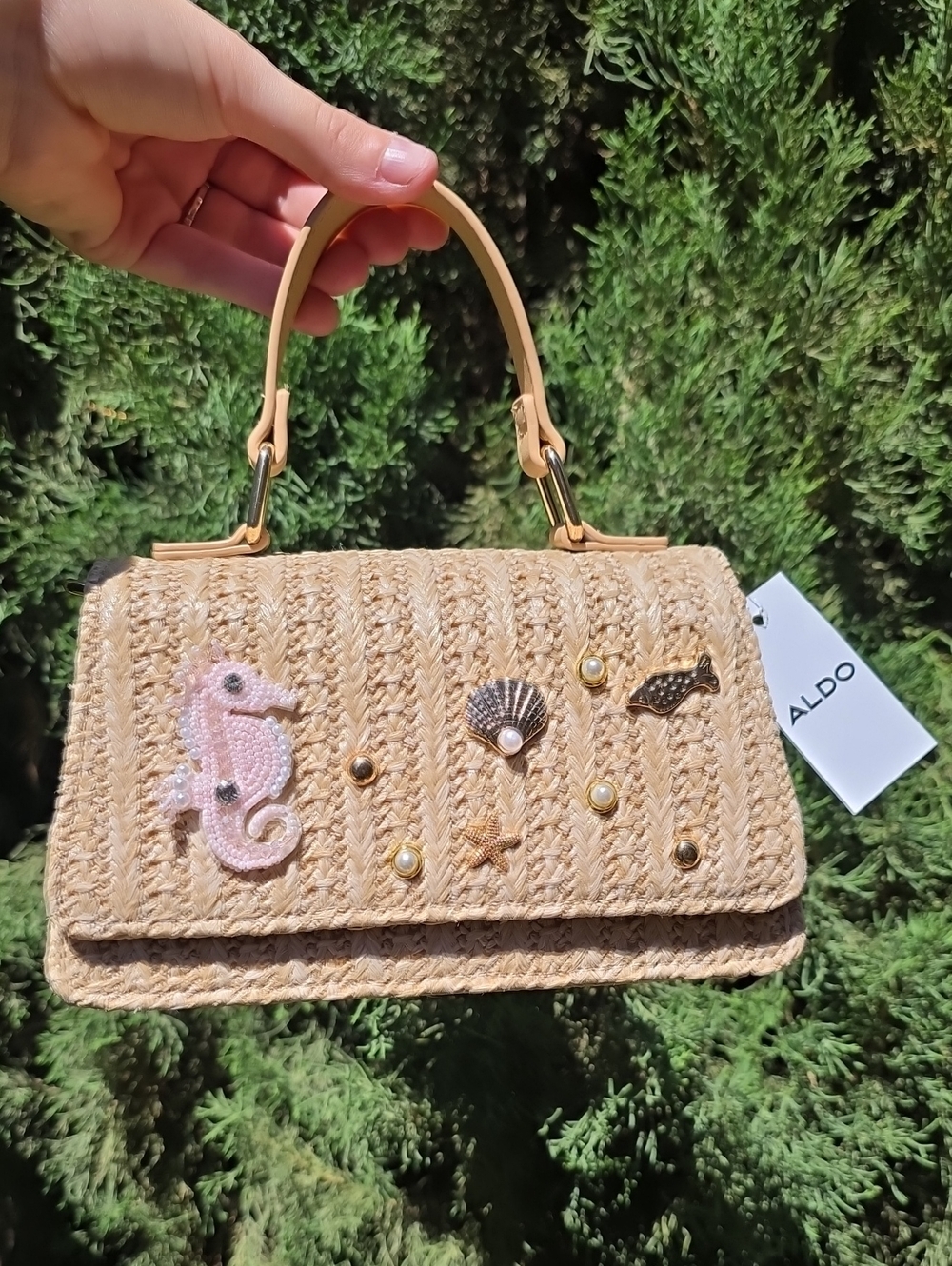 Aldo Natural Straw Mini Top-Handle Bag with Seahorse